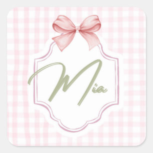 Personalized Mia Baby Girl Nursery Bow & Gingham  Square Sticker