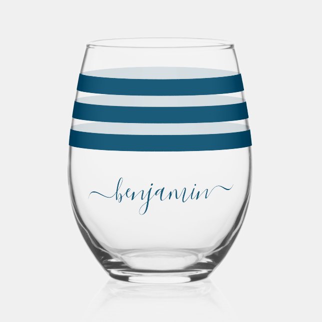  Personalized Midnight Blue Lines Stemless Wine Glass (Front)