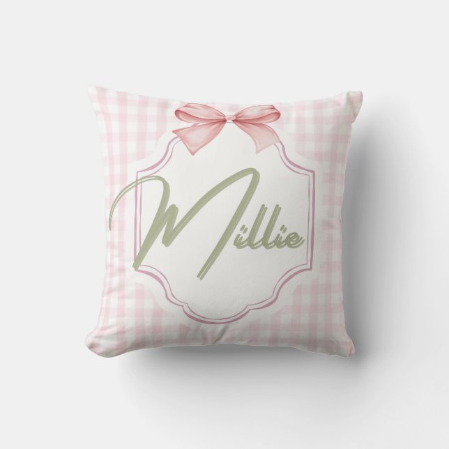 Personalized Millie Baby Girl Nursery Bow&Gingham Cushion (Front)