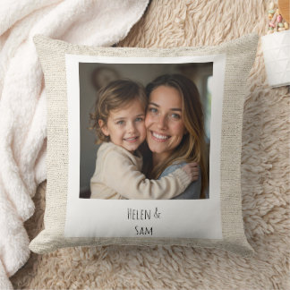 Personalized Minimalist Family Photo Faux Burlap Cushion