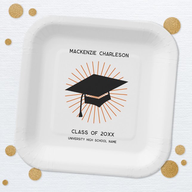 Personalized Minimalist Graduation Cap Party Paper Plate (Modern personalized custom name school university graduation party paper plates)
