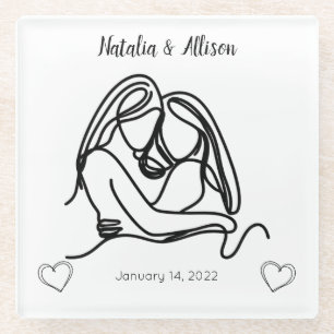 Personalized Minimalistic Lesbian Line Art Glass Coaster