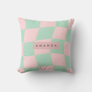 Personalized Mint Green and Blush Pink Checkered Cushion