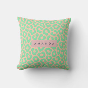 Personalized Mint Green and Peach Leopard Print Cushion