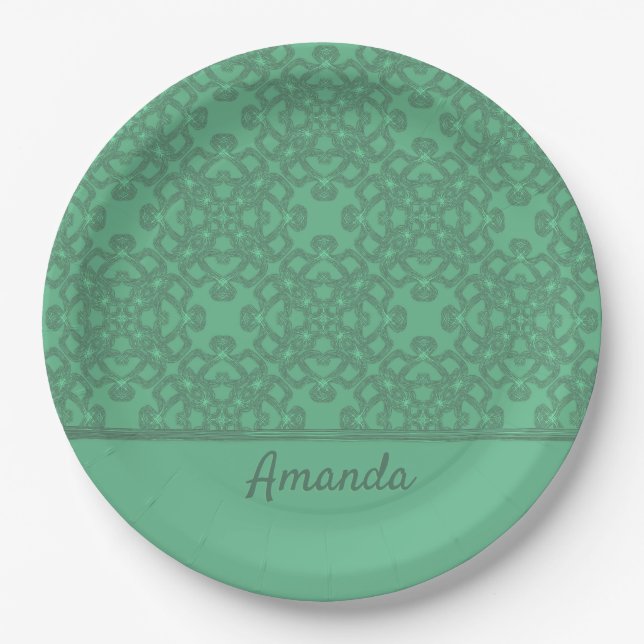 Personalized mint green pattern paper plate (Front)