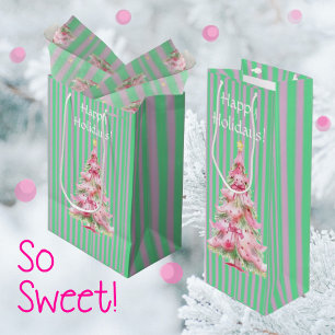 Personalized Mint Green Pink Stripe Christmas Tree Wine Gift Bag