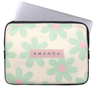 Personalized Mint Green Retro Daisy Floral Laptop Sleeve