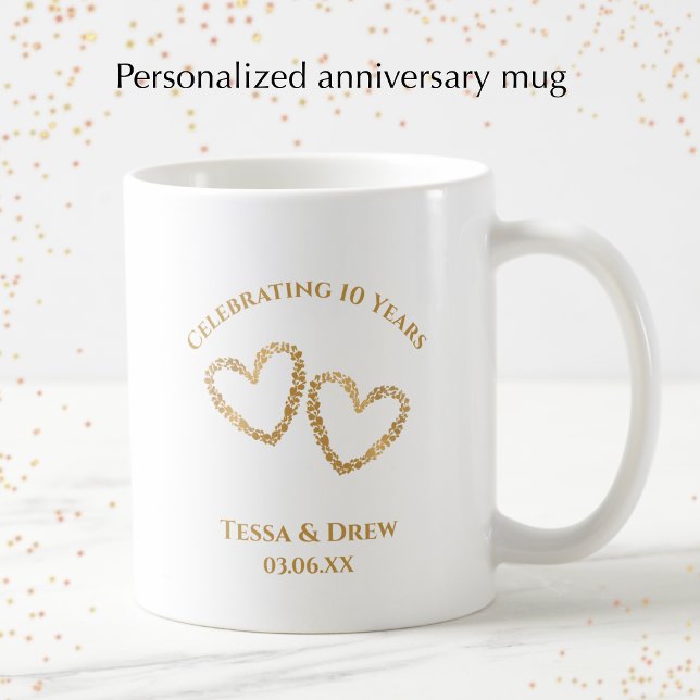 Personalized Modern 10th Wedding Anniversary Gift Coffee Mug (Add the couple’s names and anniversary date for a unique golden heart keepsake mug.)
