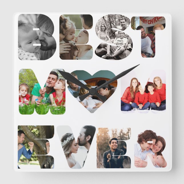 Personalized modern 11 photo Best mom ever Square Wall Clock (Front)