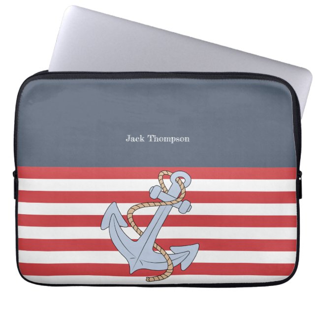 Personalized modern anchor navy and red  laptop sleeve (Front)