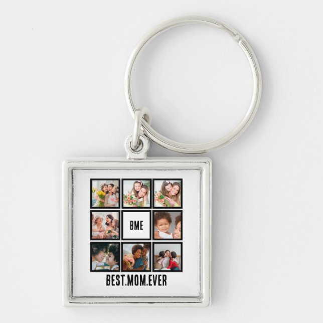 Personalized Modern Best Mom Ever 8 Photo Collage Key Ring (Front)