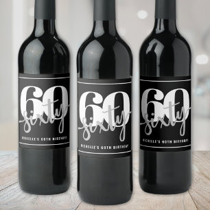 Personalized Modern Black 60th Birthday Party Wine Label