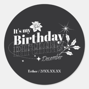 Personalized Modern Black Floral December Birthday Classic Round Sticker