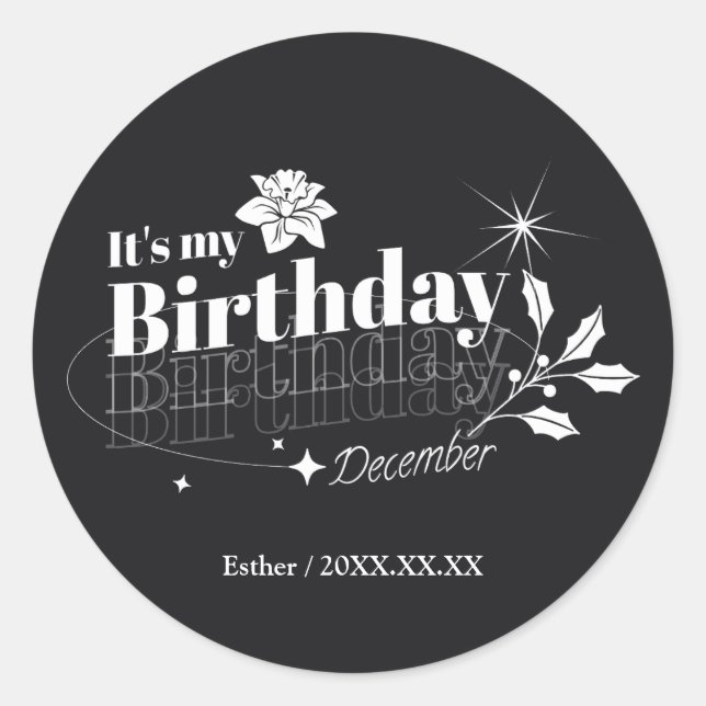 Personalized Modern Black Floral December Birthday Classic Round Sticker (Front)