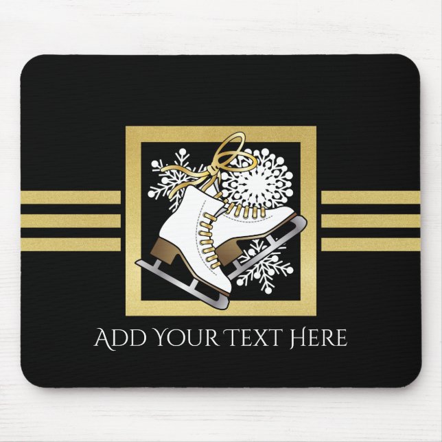 Personalized Modern Black Gold Glitter Ice Skating Mouse Mat (Front)