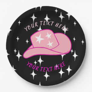 Personalized Modern Cowgirl Hat Starburst Black Paper Plate