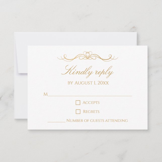 Personalized Modern Elegant Gold & White Wedding RSVP Card (Front)