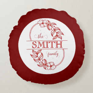  Personalized Modern Floral Family Name Monogram Round Cushion