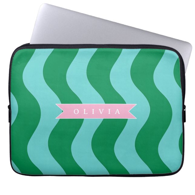 Personalized Modern Fun Green Wave Stripes Custom Laptop Sleeve (Front)