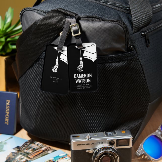 Personalized Modern Hat and Tassel Graduation Luggage Tag (Front & Back)