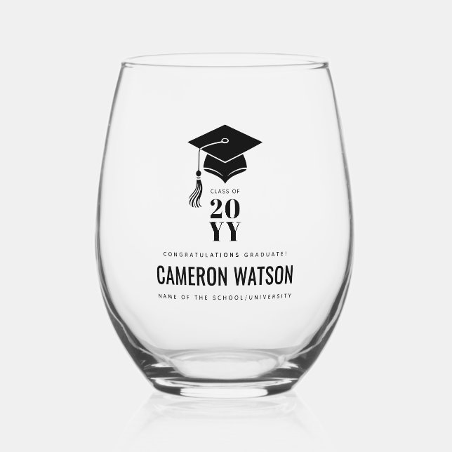 Personalized Modern Hat and Tassel Graduation Stemless Wine Glass (Front)