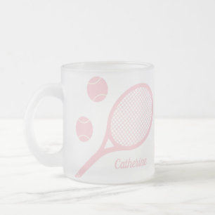 Personalized Modern Pastel Pink Tennis Ball Racket Frosted Glass Coffee Mug