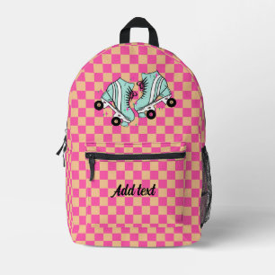 Personalized Modern Pink Checkered Roller Skate Printed Backpack