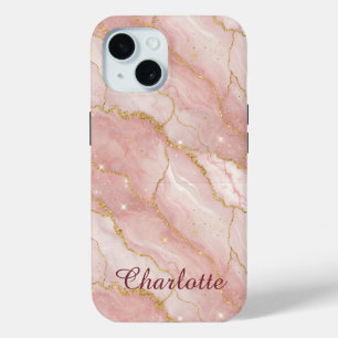 Personalized Modern Rose Quartz Marble Gold iPhone 15 Case