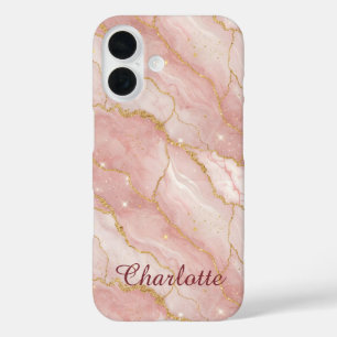 Personalized Modern Rose Quartz Marble Gold iPhone 16 Case