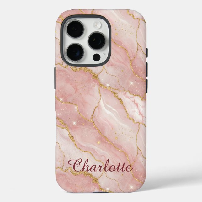 Personalized Modern Rose Quartz Marble Gold Case-Mate iPhone Case (Back)