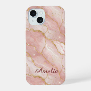 Personalized Modern Rose Quartz Marble Gold iPhone 15 Case