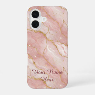 Personalized Modern Rose Quartz Marble Gold iPhone 16 Case