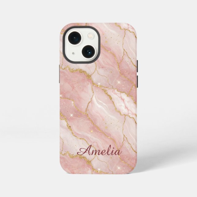 Personalized Modern Rose Quartz Marble Gold iPhone Case (Back)