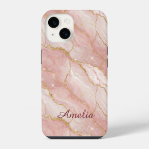 Personalized Modern Rose Quartz Marble Gold iPhone 14 Case