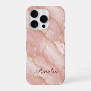 Personalized Modern Rose Quartz Marble Gold iPhone 16 Pro Case
