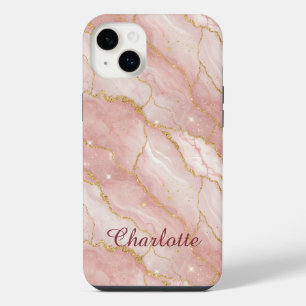 Personalized Modern Rose Quartz Marble Gold iPhone 14 Plus Case