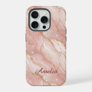 Personalized Modern Rose Quartz Marble Gold iPhone 15 Pro Case