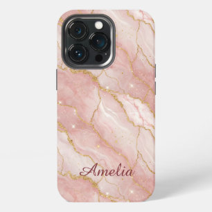 Personalized Modern Rose Quartz Marble Gold iPhone 13 Pro Case