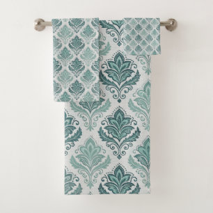 Personalized Modern Teal Nordic Damask Bath Towel Set