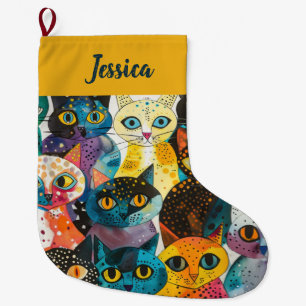 Personalized Modern Whimsical Cat Design Large Christmas Stocking