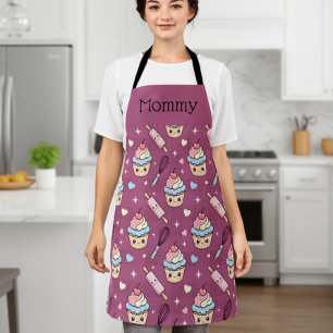 Personalized Mom Apron Kawaii Pink Blue Cupcake
