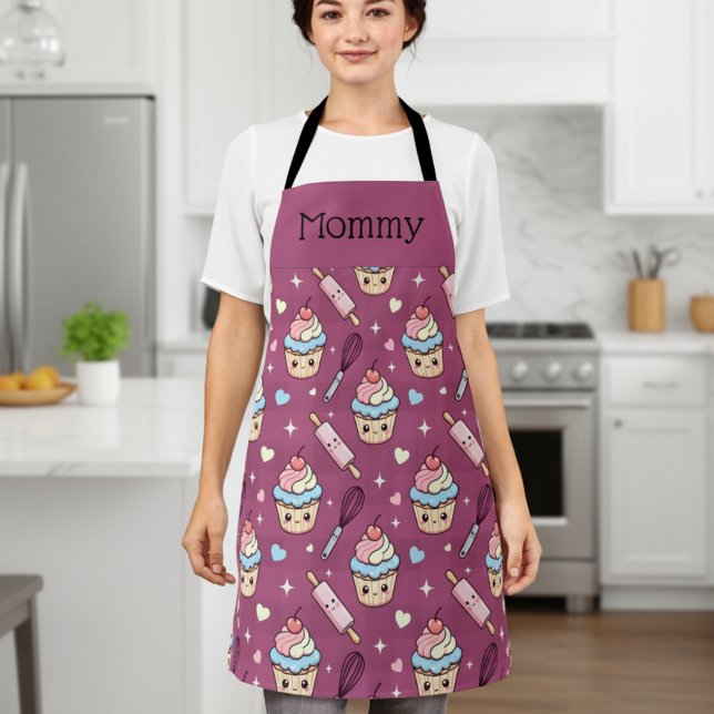 Personalized Mom Apron Kawaii Pink Blue Cupcake (Creator Uploaded)