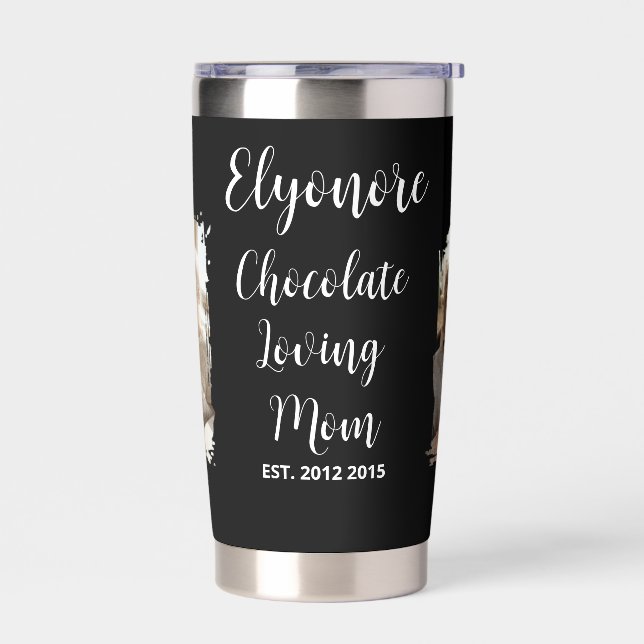 Personalized Mom Name Est. Chocolate Lover Photos Insulated Tumbler (Left)