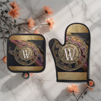 Personalized Monogram Agate Pink Rustic Metal Luxe Oven Mitt & Pot Holder Set