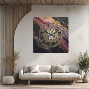 Personalized Monogram Agate Pink Rustic Metal Luxe Square Wall Clock