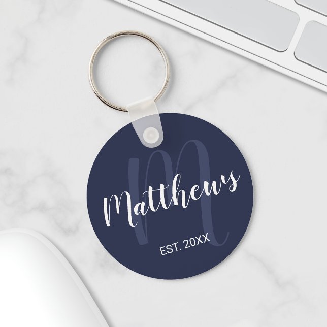 Personalized Monogram and Family Name Navy Blue Key Ring (Creator Uploaded)