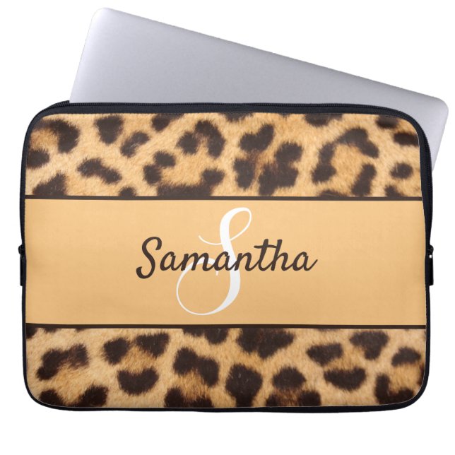 Personalized Monogram and Name Leopard Spots Print Laptop Sleeve (Front)