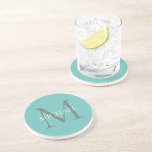 Personalized Monogram and Name Light Teal Coaster