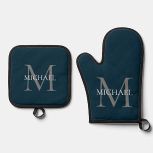 Personalized Monogram and Name Navy Blue Oven Mitt & Pot Holder Set