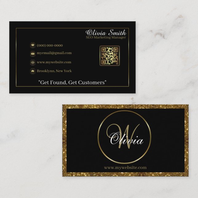 Personalized Monogram Black & Gold Glitter QR Code Business Card (Front/Back)